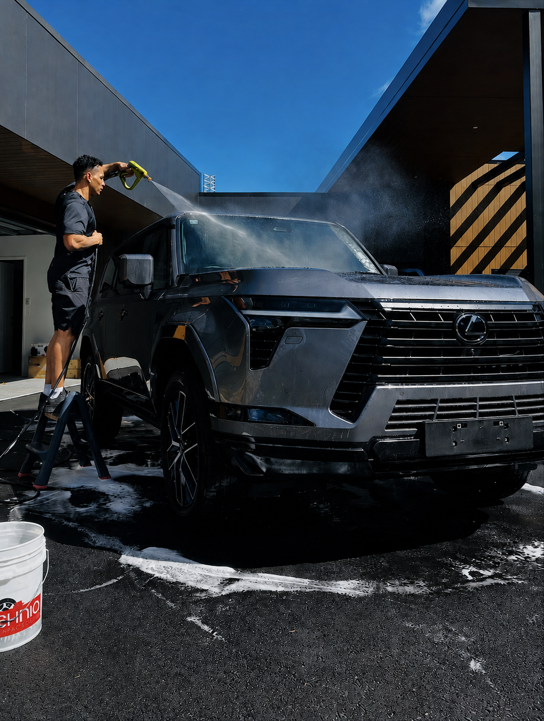 LXT technician pressure washing a dark luxury SUV